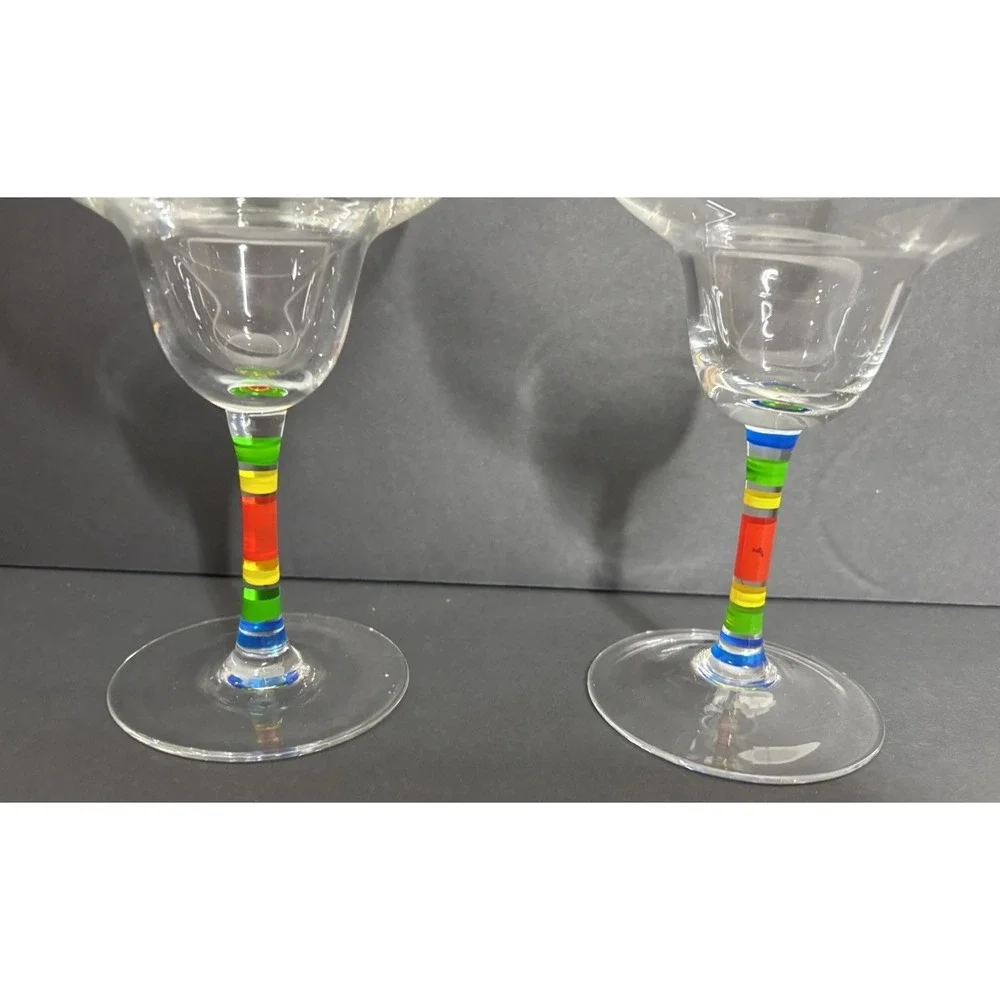 2 Margarita Glasses Multi-Colored Hand Painted Rainbow Stem Hand Blown